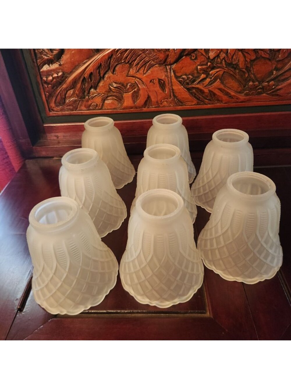 Set Of 8 Frosted Glass Lampshades With Diamond Pattern & Scalloped Edge
